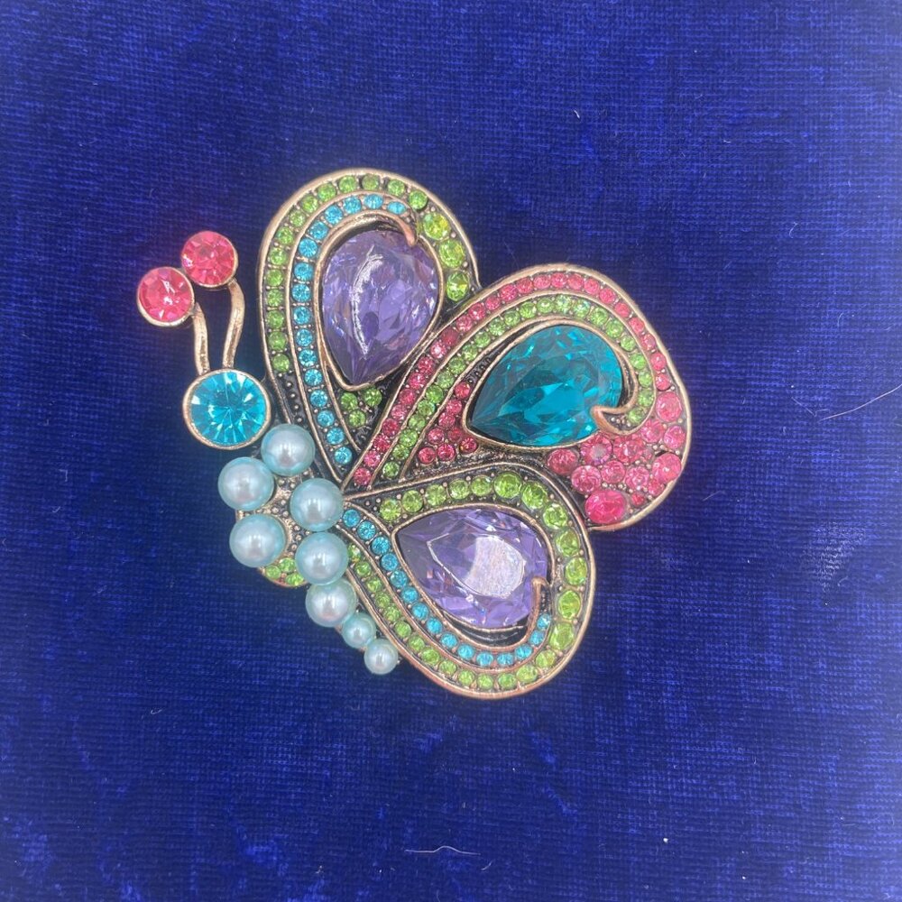 Colorful Butterfly Brooch With Rhinestones & Faux Pearls For Women 2 Inches Mult